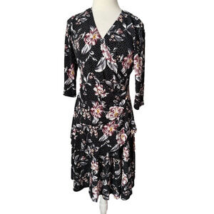 Bobbie Bee Women's L Whimsigoth Floral Polka Dot Shirred Waist Ruffle Midi Dress